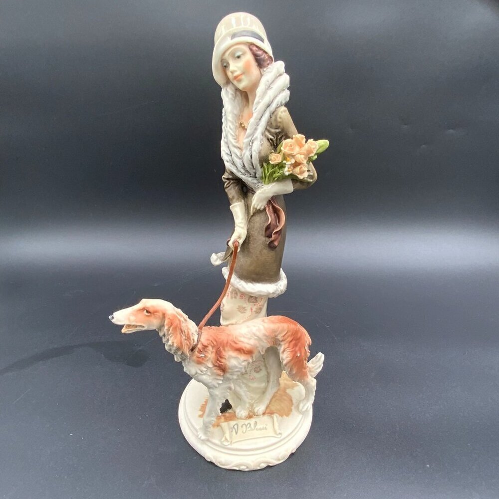 Vintage Italian Sculpture A. Belcari Dear Art Deco Lady with Her Dog Figurine